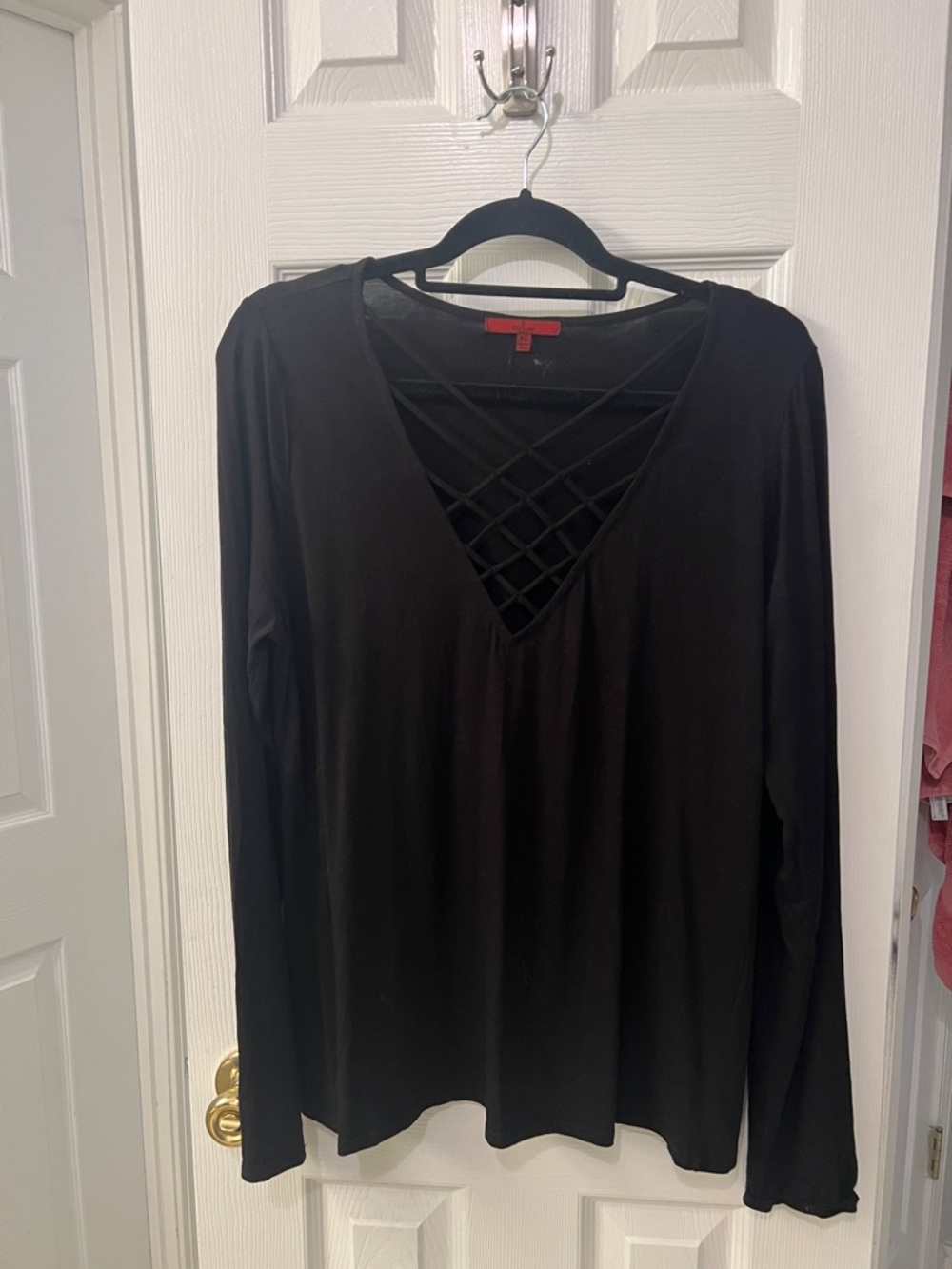 Black Long Sleeve V-Neck Top with Crisscross Detail by Red by BKE